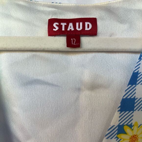 Staud Milla Blue Gingham Daisy Floral Print V-Neck Puff Sleeve Mini 12 NWT $218 - Picture 4 of 5